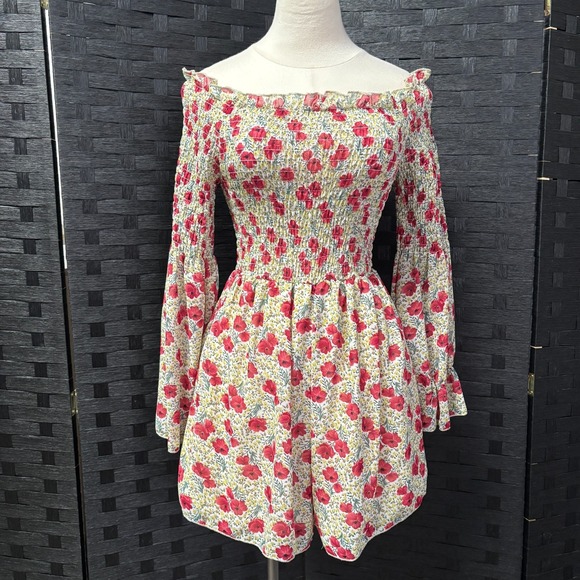 Nasty Gal 8 Collection Off Shoulder Smocked Floral Bell Sleeve Romper - Picture 2 of 10